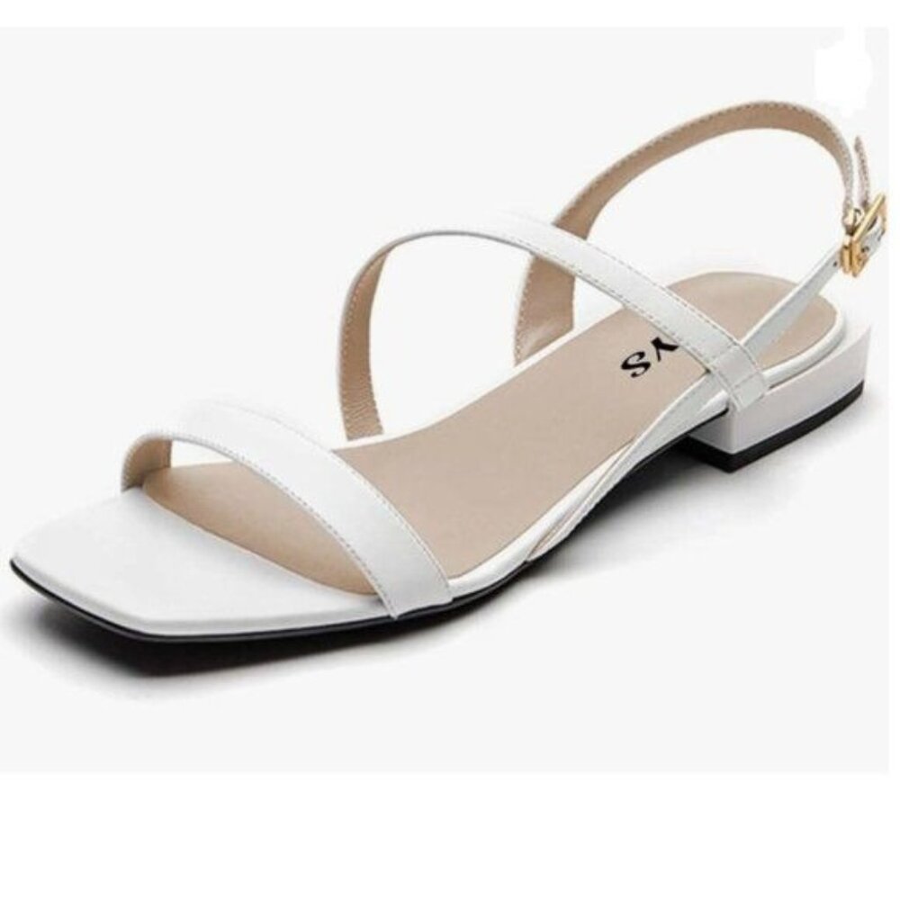 FYS White Square Open Toe Sandals Heel Strappy Slingbacks Comfy Summer Shoes